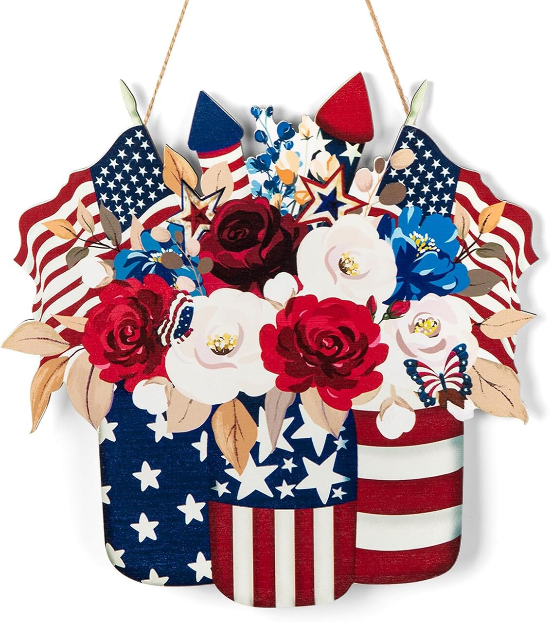 4th of July Decoration Wood Door Wall Signs, Wooden Mason Jar Wreaths Front Door